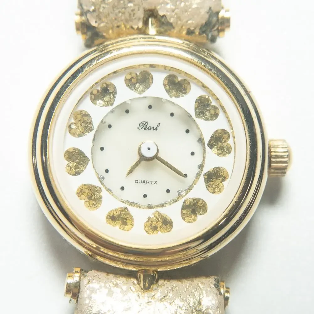 Vintage Heart Watch Pearl Quartz Gold Glitter Dial Not Working